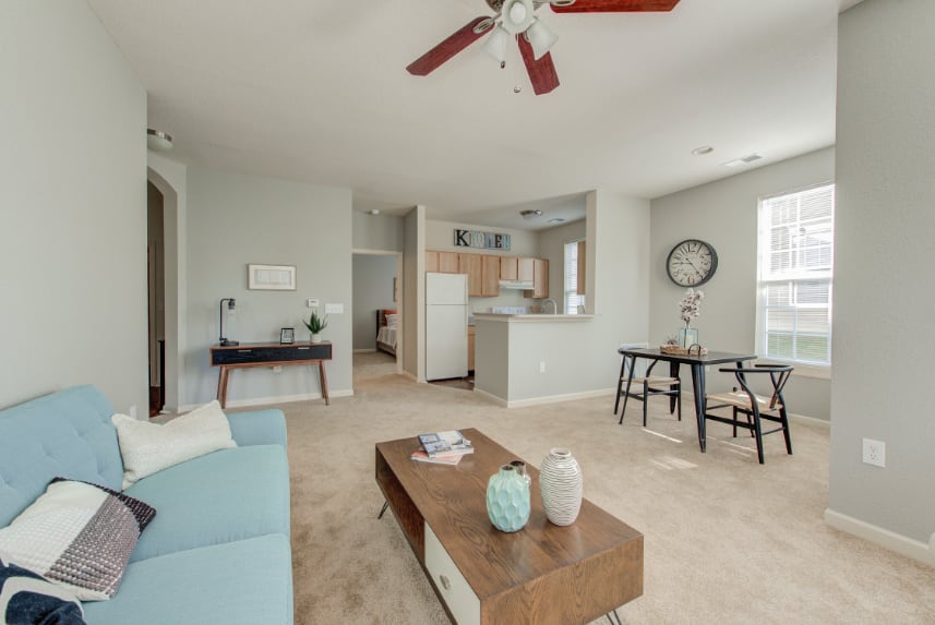 Model living room in a West Lafayette apartment.